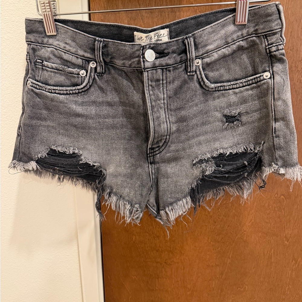Free People Black Distressed Mid-Rise Jean Shorts